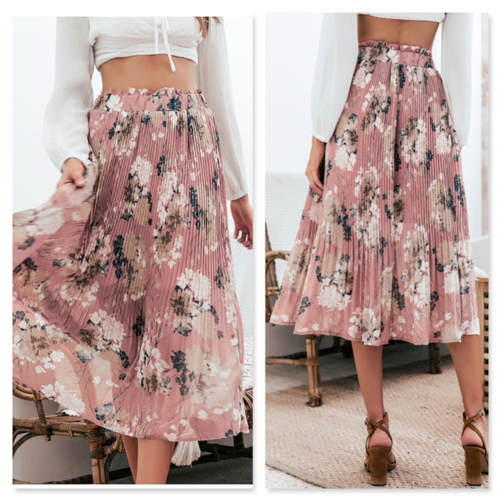 Pleated Floral Print High Waist Midi Pink Skirt - Picture 4 of 8